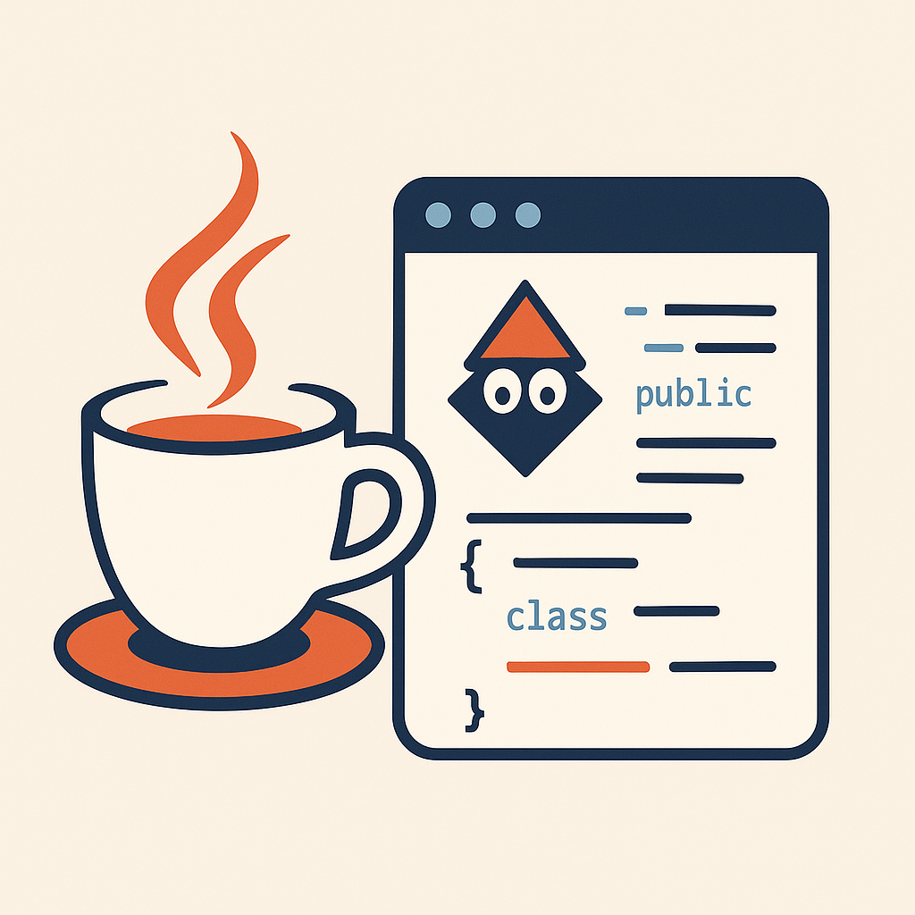 Postazione con caffè e codice Java